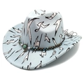 Blue felt cowboy hat with abstract wing patterns and bohemian beaded turquoise band - M (56-58cm) / Bird Print with Turquoise Pendant / Pinch Front Blue