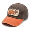 Detail of vintage washed baseball cap with contrast patch embroidery and distressed brim - Brown Crown Orange Brim