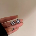 Square blue and white checkered stud earrings with a vintage gold frame finish - Square Grid Studs / Blue White Plaid