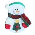 Close-up of a snowman cutlery holder made of felt with festive red and green scarf detail - Snowman