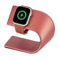 Soporte de aluminio oro rosa para Apple Watch con correa de cuero marrón e icono de carga - Rojo