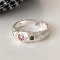 Silver textured heart ring with pink and green stones and adjustable opening - Silver Pink Heart