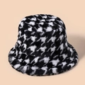 Classic plush bucket hat featuring black and white houndstooth pattern for winter fashion - M (56-58cm) / Black