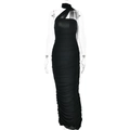 Detail of elegant black halter neck long dress featuring sophisticated ruched textures - S / Black