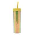 Detail of 16oz iridescent double-wall plastic tumbler with yellow straw and lid - 16oz / Yellow