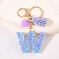 Letter W resin keychain with purple heart charm and fringe tassel for bags - Letter W