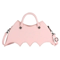 Close-up of pink bat-shaped handbag featuring spider web stitching and metal decor - Pink