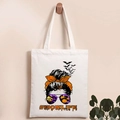 Detail of white canvas tote featuring Halloween skeleton and pumpkin #MOMLIFE print - #MOMLIFE Print