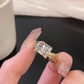 Close-up of S925 silver ring featuring golden feather and silver square plate design - Adjustable Open / Gold Feather Silver Square Style (JZ4138)