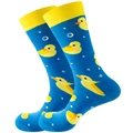 Blue cotton socks with yellow duck prints and ribbed cuffs on a white background - One Size / Blue Yellow Duck