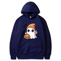 Navy blue Halloween hoodie featuring white ghosts, pumpkins and bats print - S / Navy Blue