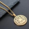 Detailed close-up of golden stainless steel tiger head pendant with Greek key border - Gold Tiger