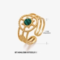 Bohemian gold stainless steel open ring featuring a round green malachite stone center - Malachite Style (ZN009-3)