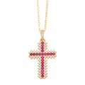 Cross necklace with gold plating and vibrant red and white cubic zirconia stones - Rose Red