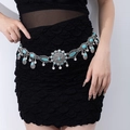 Close-up of bohemian silver coin waist chain with turquoise beads on a black dress - Blue Seven Teardrops / Silver / 17.5
