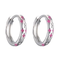 Detailed view of silver hoop earrings featuring pink enamel and carved star patterns - Platinum Plated Rose Red Zirconia