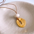 Retro tiger eye stone necklace with gold lava ring and white bead on brown cord - 7# Necklace-Brown-Gold (Irregular Geometric Pendant)