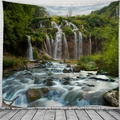 Nature wall tapestry featuring a lush green forest waterfall and stream landscape - Style 5
