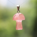 Pink crystal mushroom pendant with silver metal bail on a natural blurred background - Watermelon Red (Synthetic)
