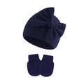 Detailed knit texture of dark blue baby hat and mitten set with large bow detail - Navy Blue