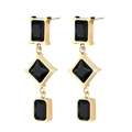 Detailed close-up of gold stainless steel earrings with black geometric zirconia stones - Black