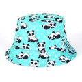 Detail of teal bucket hat featuring cute panda prints and white polka dot patterns - Turquoise Panda Polka Dot