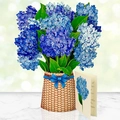 3D pop-up greeting card featuring a blue hydrangea floral bouquet in a woven basket - Nantucket Hydrangeas