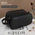 Black large leather makeup bag with double zippers and gold hardware in 28x17x14.5cm size - Quilted Texture / Large / Black