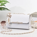 White woven crossbody bag with gold chain strap and pearl bow charm accessory - With Pendant / Large / White