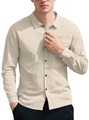 Men's casual long sleeve shirt in light beige waffle fabric with lapel collar - Khaki