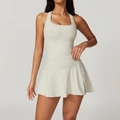 Women's light grey high-waist racerback sports tank and pleated tennis skirt set - S / Top And Bottom / Vest + Skirt (8819) / Grey Apricot