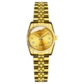 Detail of gold quartz watch featuring a diamond-encrusted dial and sleek steel band - Gold Small