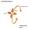 Golden titanium steel C-shape open ring featuring a red zircon four-petal flower motif - Gold Open Ring-Red Zircon