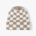 Women's autumn winter checkerboard knit beanie hat in light brown and white pattern - Khaki & White Checkerboard (23B031)
