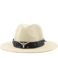 Women's beige straw cowboy hat with wide brim and bull head leather band for sun protection - Beige