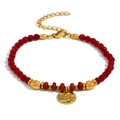 Vintage 18K gold plated stainless steel bracelet with red natural stones and coin charm - Gold-Red