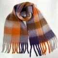 Thick winter scarf with plaid pattern in orange and purple tones and tassel fringe - 27# (Orange Purple Brown Grey Plaid)