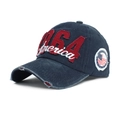 Detail of distressed navy cotton baseball cap with 1964 embroidery and US flag patch - Navy Blue