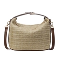 Bolso de paja tipo cubo con detalles de cuero sintético marrón y correa ajustable - Caqui y Marrón
