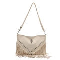 Retro cream fringe shoulder bag with metal studs and cross detail in a full view layout - White