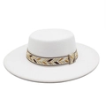 White wool felt boater hat with wide flat brim and geometric woven band for classic style - M (56-58cm) / White