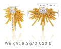 Golden flower earrings with white oval stone and precise size measurements - Radial Sunburst / KE0094