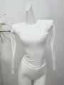 White modal stretch tight-fit long sleeve t-shirt with ribbed knit texture - XS / Crew Neck / White