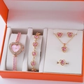 Goldenes 5-teiliges Schmuckset mit rosa Herzsteinen in eleganter Geschenkbox - Roségold Rosa Herz Kette Set (Ohne Box)
