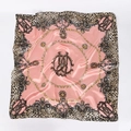 Pink leopard print square satin silk scarf with elegant chain pattern and high-gloss finish - Pink Leopard