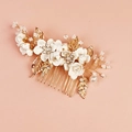 Peigne à cheveux de mariée doré élégant avec fleurs blanches, strass et perles blanches - Grand peigne à cheveux / Blanc