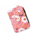 Pink floral card wallet with gold button strap, zipper closure and keychain ring - F3 Deep Pink Floral