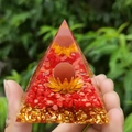 Orgone pyramid with red crystal gravel and gold lotus symbol on resin craft - 6cm / A28-Red Crystal Lotus