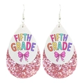 Teardrop leather earrings with Fifth Grade print and pink glitter layer for teachers - Fifth Grade