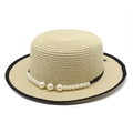 French style flat top boater straw hat with black ribbon and white pearl accents - M (56-58cm) / Beige